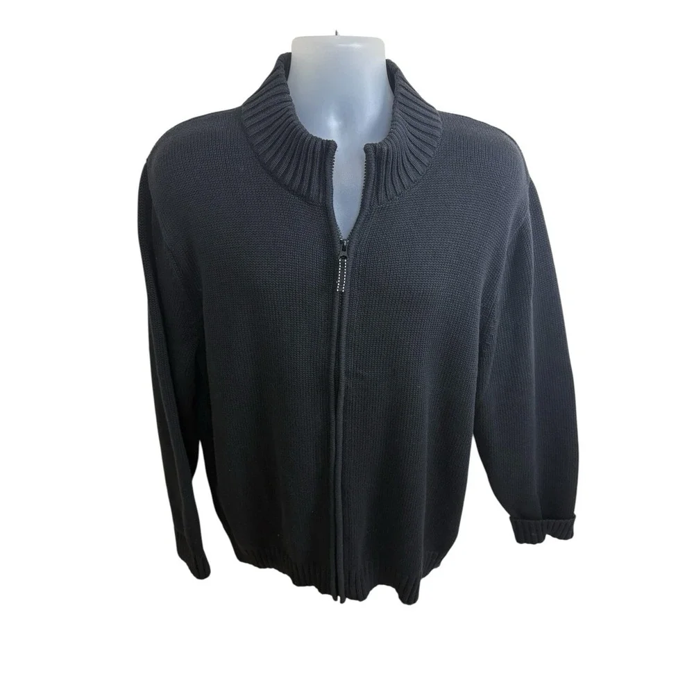 Lands End Cardigan Mens Size Large Navy Full Zip 100% Wool‎ Minimalist Classic